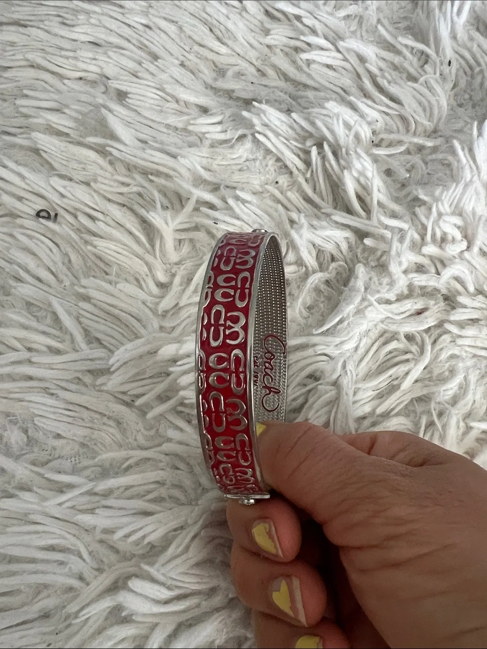 Coach Silver-Tone Bracelet with Red Enamel Signature Motif